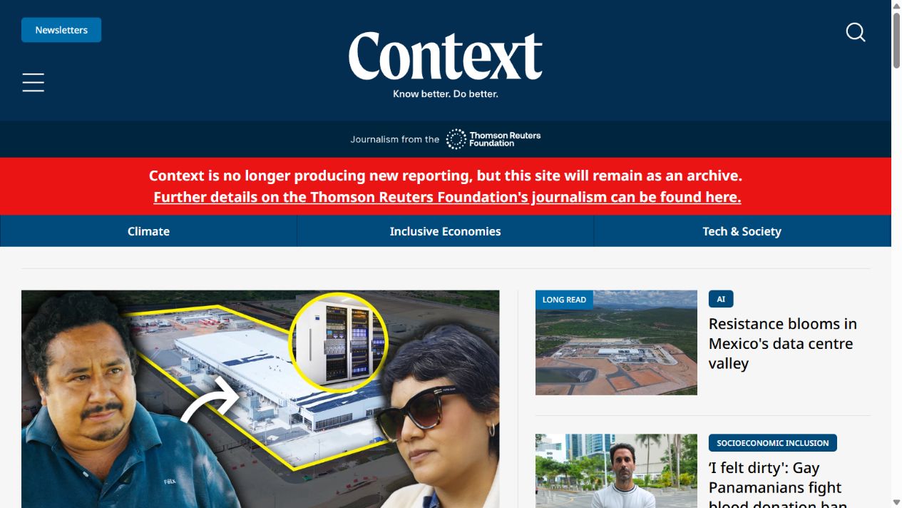 Context.news archive homepage, showing its editorial navigation and publishing formats.